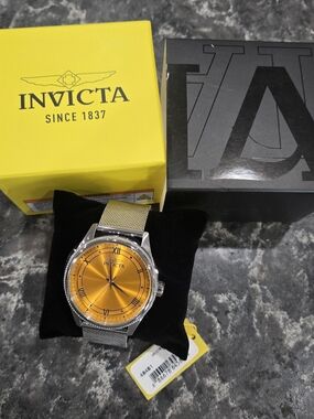 Invicta Silver Mesh Watch with Orange Dial